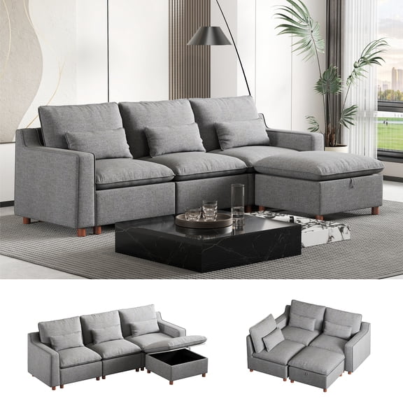 Hombryzy 103” Oversized Sectional Sofa with Storage Ottoman, L Shaped Modular Cloud Sofa For Living Room, Gray