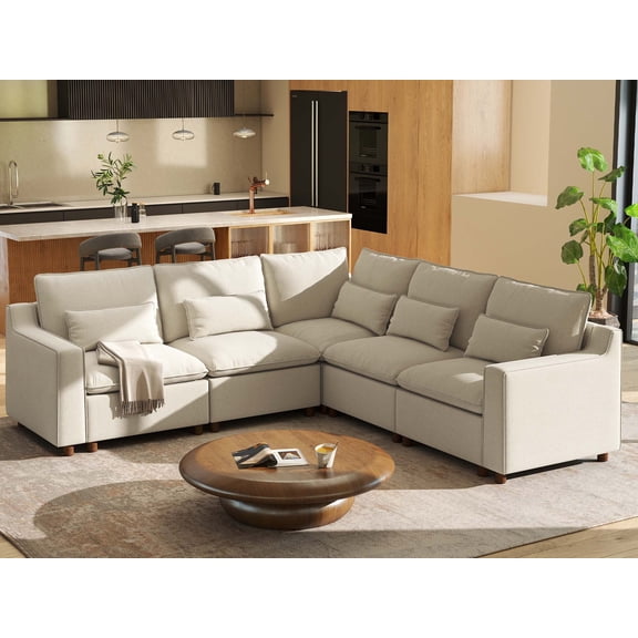 Hombryzy 105” Oversized Sectional Sofa with Corner Seat, V Shaped Modular Cloud Sofa For Living Room, Beige