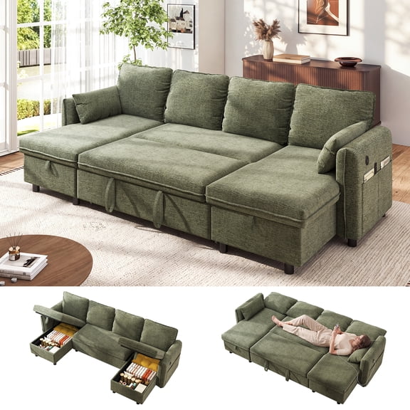Hombryzy 109" Sectional Sleeper Sofa Bed with Storage Chaise, USB Charging Port, Pull Out Bed & Adjustable Backrest, U Shaped Couch for Living Room, Chenille Green
