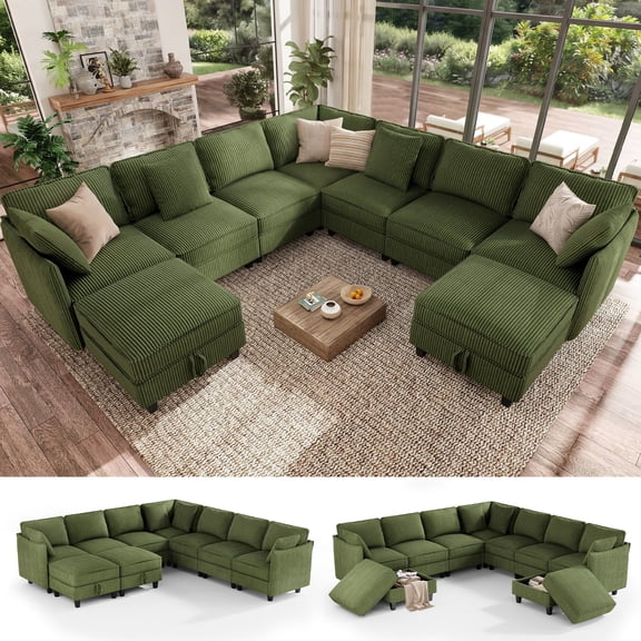 Hombryzy 112" Extra Large Modular Sectional Sofa and Couch with 7 Seats & 2 Removable Storage Ottomans, Living Room Furniture, Corduroy Green