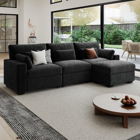 Hombryzy 113" Modular Sectional Sofa with Movable Ottoman, L-Shaped Deep Seat Cloud Couch for the Living Room, 4-Seat, Black