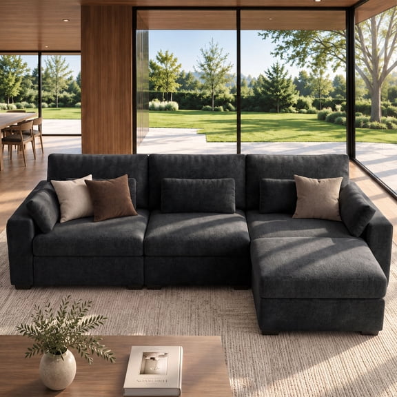 Hombryzy 113" Modular Sectional Sofa with Movable Ottoman, L-Shaped Deep Seat Cloud Couch for the Living Room, 4-Seat, Black