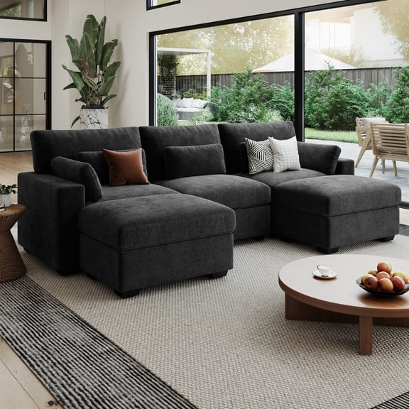 Hombryzy 113" Modular Sectional Sofa with Movable Ottoman, U-Shaped Deep Seat Cloud Couch for the Living Room, Black