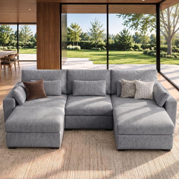 Hombryzy 113" Modular Sectional Sofa with Movable Ottoman, U-Shaped Deep Seat Cloud Couch for the Living Room, Grey