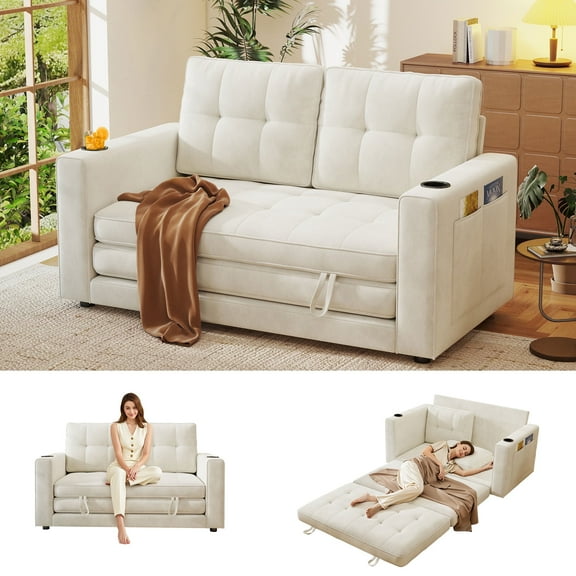 BedLuxury 55" Foldable Loveseat Futon Sofa Bed with Cup Holder & Storage Pocket, 3-in-1 Sleeper Couch, Space Saving, Chenille Beige