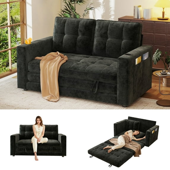 BedLuxury 55" Foldable Loveseat Futon Sofa Bed with Cup Holder & Storage Pocket, Sleeper Couch, Space Saving, Chenille Black
