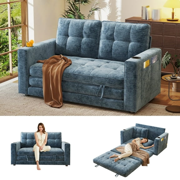 BedLuxury 55" Foldable Loveseat Futon Sofa Bed with Cup Holder & Storage Pocket, Sleeper Couch, Space Saving, Chenille Blue