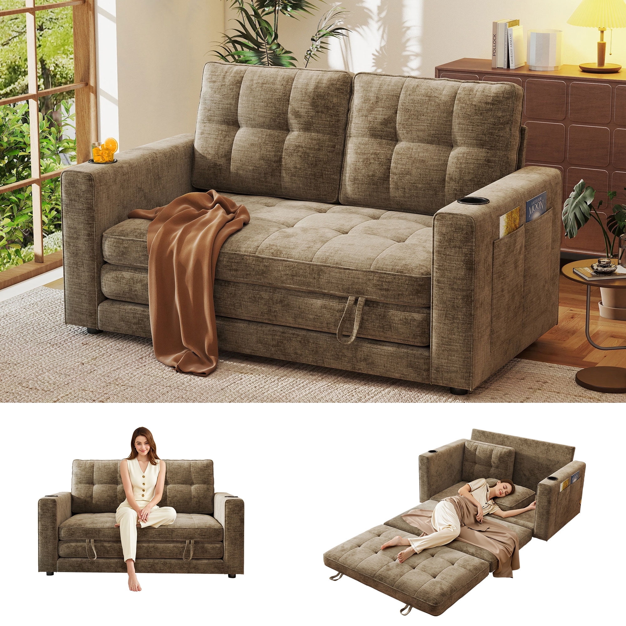 BedLuxury 55" Foldable Loveseat Futon Sofa Bed with Cup Holder & Storage Pocket, Sleeper Couch, Space Saving, Chenille Brown