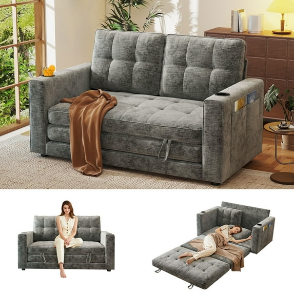 BedLuxury 55" Foldable Loveseat Futon Sofa Bed with Cup Holder & Storage Pocket, Sleeper Couch, Space Saving, Chenille Gray