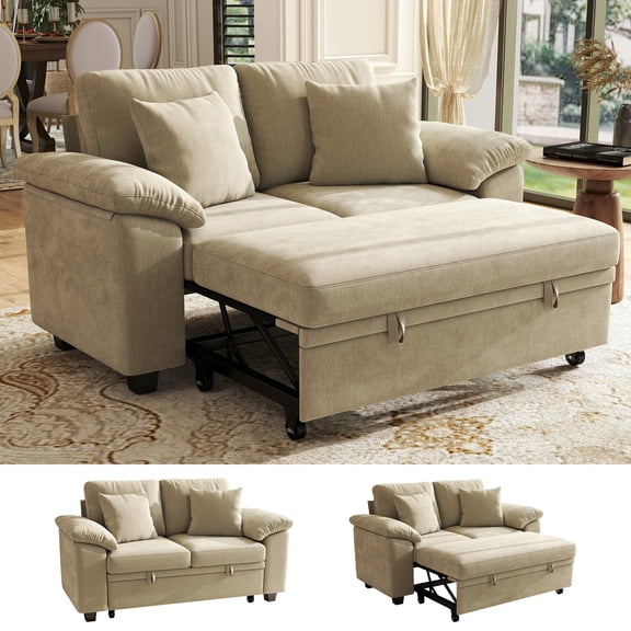 Hombryzy 61” Sectional Sleeper Sofa Bed, Pull Out Loveseat Couch For Small Space, Sand Brown