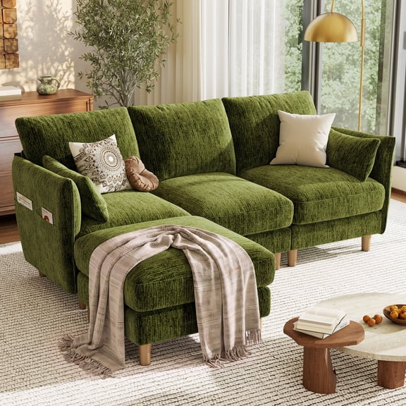Hombryzy 84" Chenille L-Shaped Sectional Sofa with Movable Ottoman & Side Storage Pockets, Modern Cloud Sofa For Living Room, Green