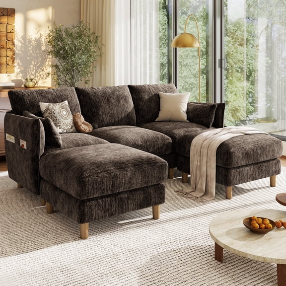 Hombryzy 84" Chenille U-Shaped Sectional Sofa with 2 Movable Ottomans & Side Storage Pockets, Modern Cloud Sofa For Living Room, Brown
