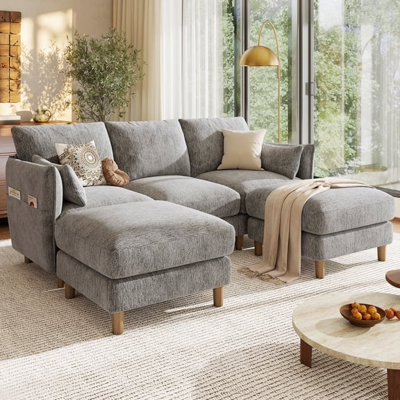 Hombryzy 84" Chenille U-Shaped Sectional Sofa with 2 Movable Ottomans & Side Storage Pockets, Modern Cloud Sofa For Living Room, Gray