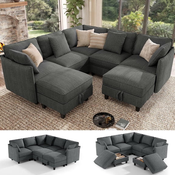 Hombryzy 84" Large Modular Sectional Sofa and Couch with 5 Seats & 2 Removable Storage Ottomans, Living Room Furniture, Corduroy Gray