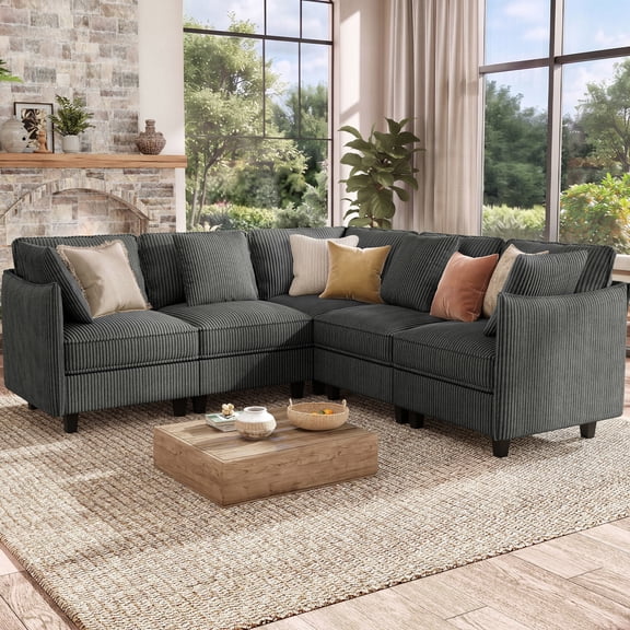 Hombryzy 84" Modular Sectional Sofa, 5-Seat Couch, L-Shaped Living Room Furniture, Corduroy Gray