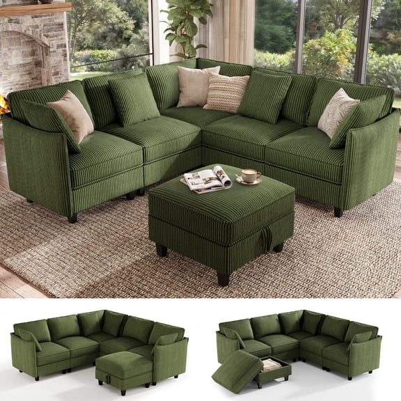 Hombryzy 84" Modular Sectional Sofa and Couch with 5 Seats & 1 Removable Storage Ottoman, U-Shaped Living Room Furniture, Corduroy Green