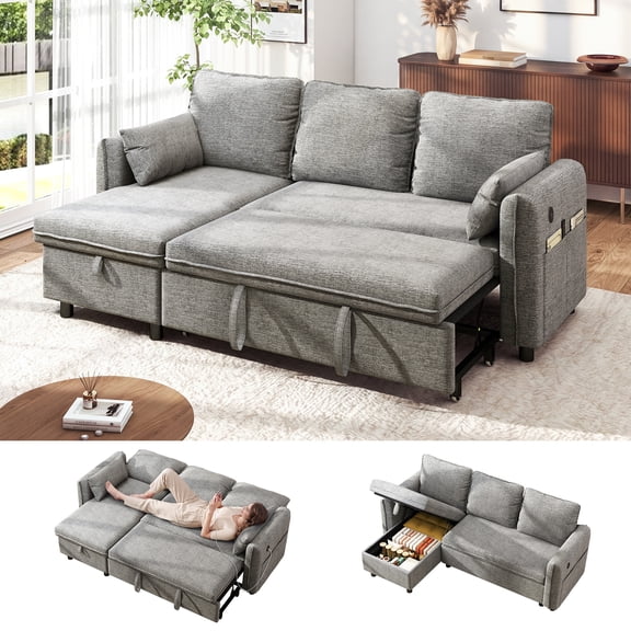 Hombryzy 84" Sectional Sleeper Sofa with Storage Chaise, USB Charging Port, Pull Out Bed & Adjustable Backrest, L Shaped Couch for Small Room, Chenille Gray