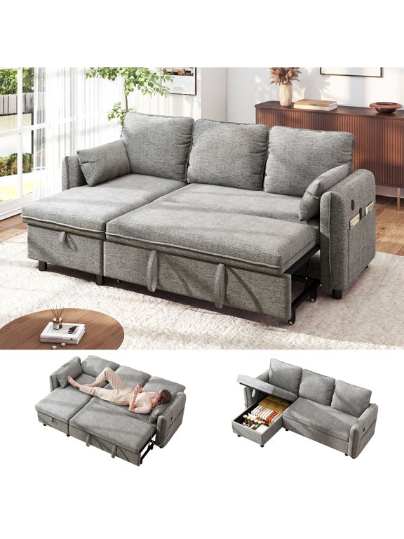 84" Sectional Sleeper Sofa with Storage Chaise, USB Charging Port, Pull Out Bed & Adjustable Backrest, L Shaped Couch for Small Room, Chenille Gray