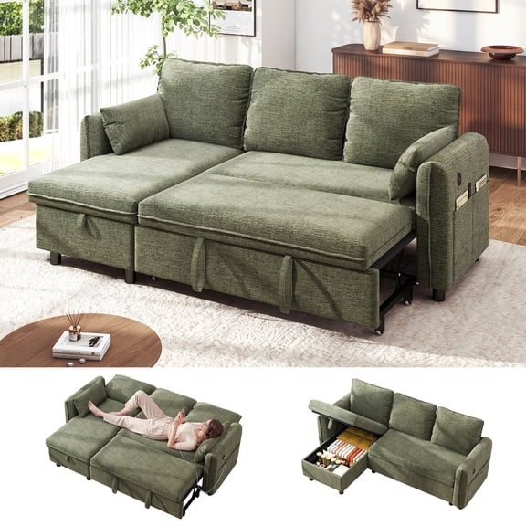 Hombryzy 84" Sectional Sleeper Sofa with Storage Chaise, USB Charging Port, Pull Out Bed & Adjustable Backrest, L Shaped Couch for Small Room, Chenille Green