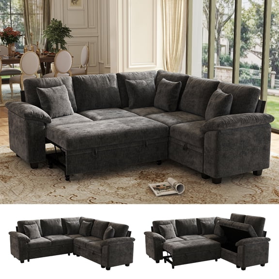 Hombryzy 86” Sectional Sleeper Sofa Bed with Storage Loveseat, V Shaped Couch with Pull out Bed for Living Room, Gray