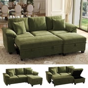 Hombryzy 86  Sectional Sleeper Sofa Bed with Storage Ottoman, L Shaped Couch with Pull out Bed for Living Room, Green