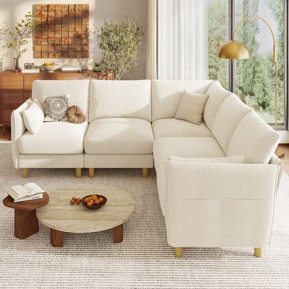 Hombryzy 91" Chenille V-Shaped Sectional Sofa with Side Storage Pockets, Modern Cloud Sofa For Living Room, Beige