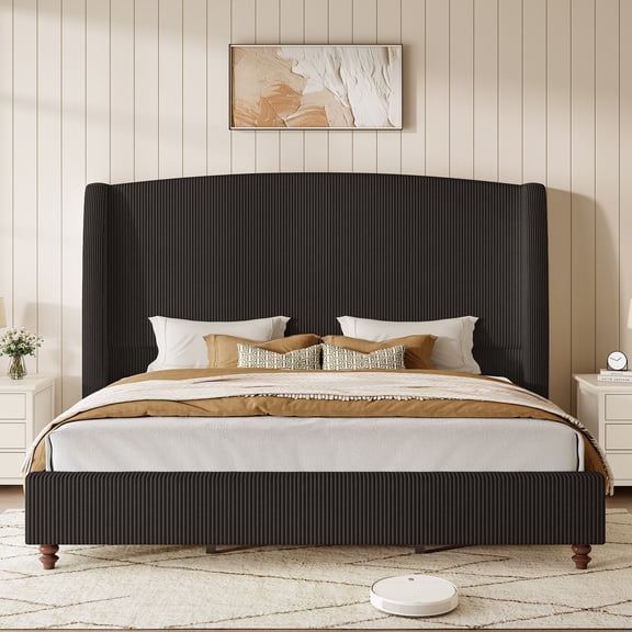 Hombryzy King Size Platform Bed Frame with 65.7" Extra Tall Upholstered Wingback Headboard, Corduroy Black