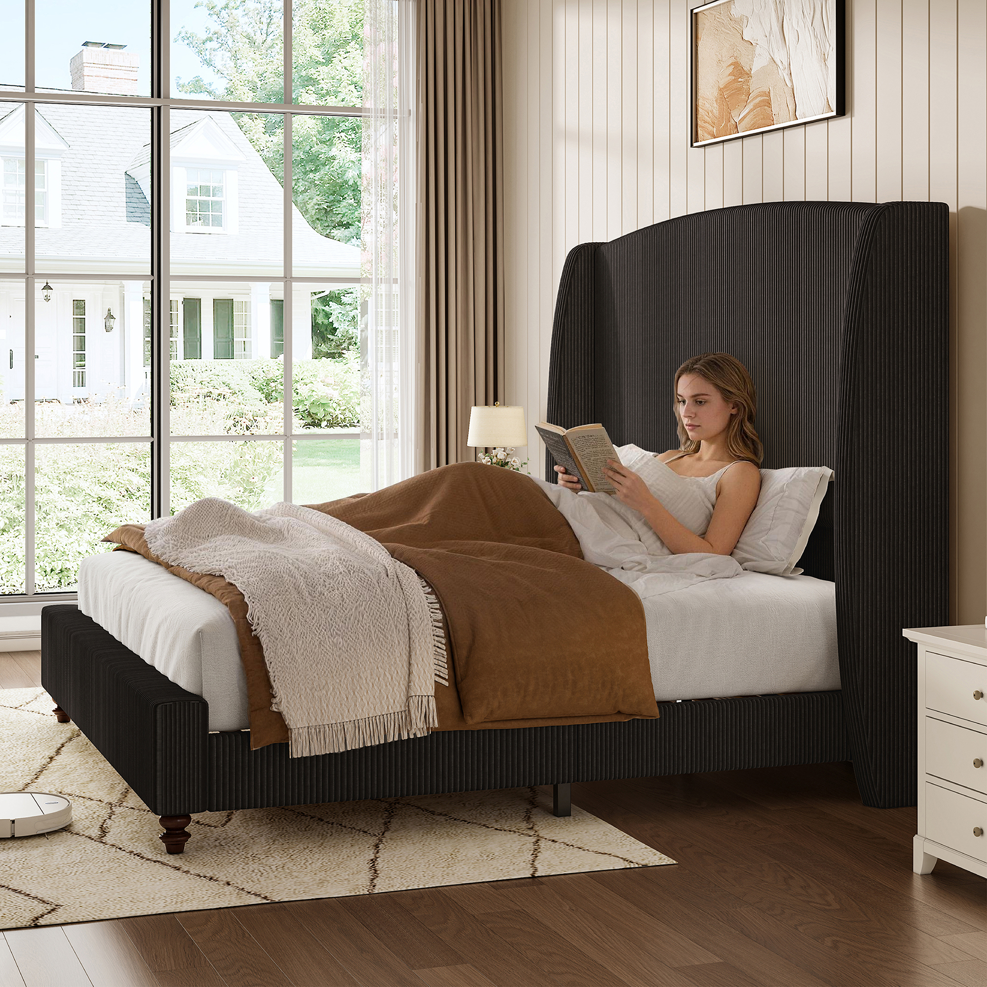 Hombryzy Queen Size Platform Bed Frame with 65.7" Extra Tall Upholstered Wingback Headboard, Corduroy Black