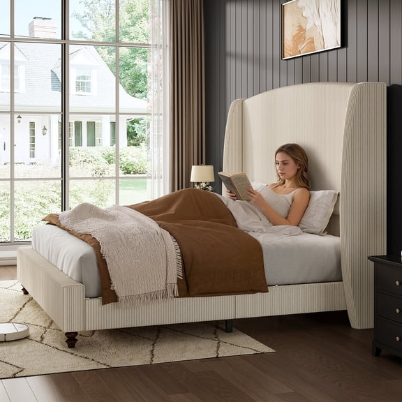 Hombryzy Queen Size Platform Bed Frame with 65.7" Extra Tall Upholstered Wingback Headboard, Corduroy Cream