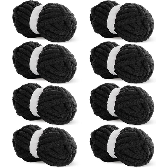 Hombys Black Chunky Chenille Yarn for Crocheting and Knitting, Super Bulky Yarn for Blankets, Soft Plush, 8 Jumbo Packs (27 yds, 8 oz Each)