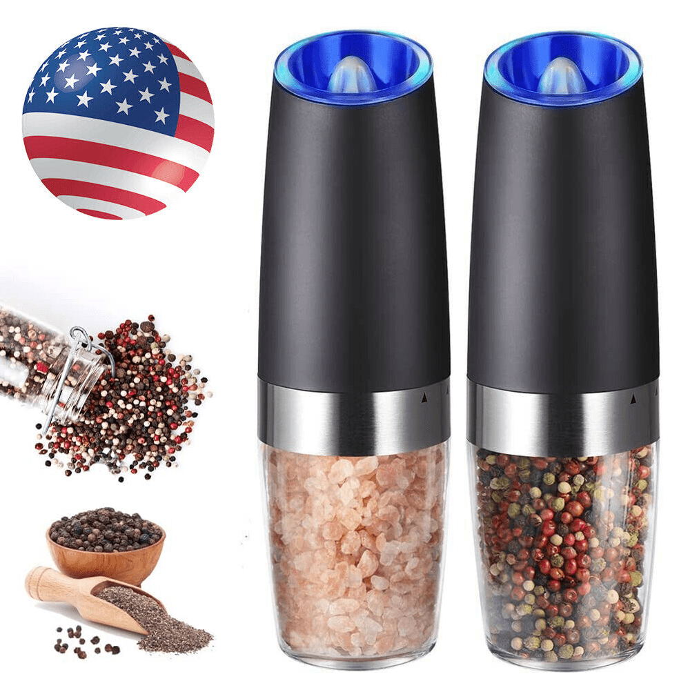 Homchum Gravity Electric Salt Grinder, Pepper Grinder, Automatic Pepper and  Salt Mill Grinder Battery-Operated with Adjustable Coarseness, LED Light,  Christmas Gifts 2-Pack 
