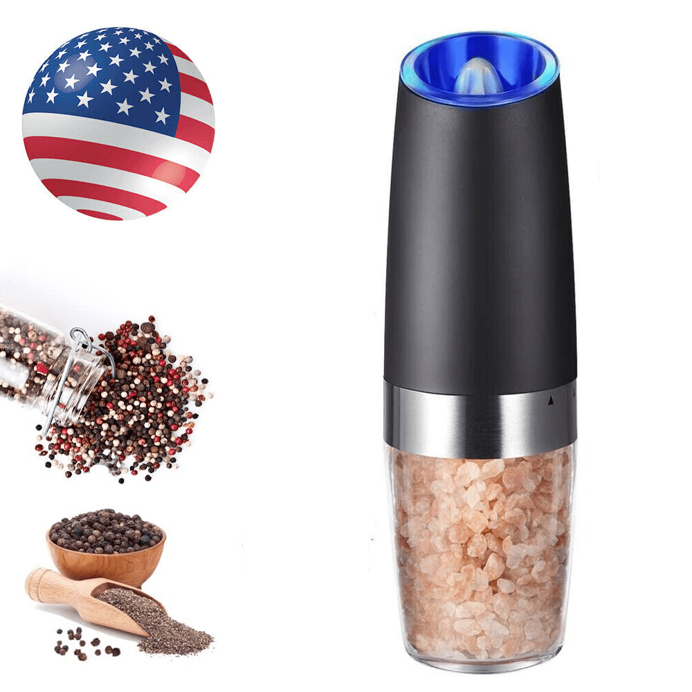 Gravity Electric Salt and Pepper Grinder Set of 2, Adjustable Coarseness, Automatic Mill Grinder, Battery Powered with Blue LED Light, One Hand