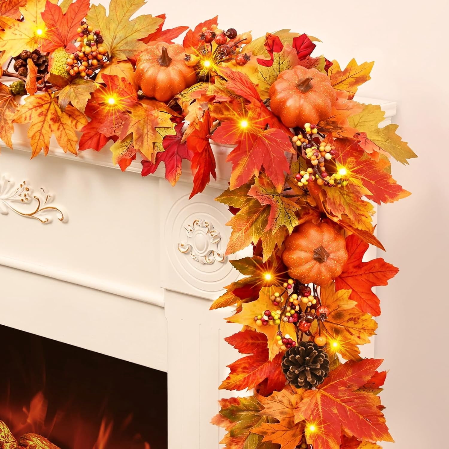 Homchy 6ft Fall Garland for Mantle, Lighted Fall Leaves Garland with ...