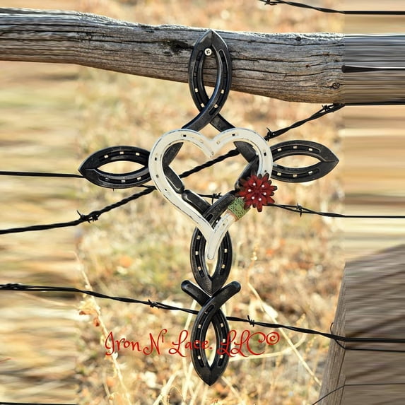 Homchy Atural Horsehsoe Cross with Heart Metal Wall Art Horseshoe Cross Outdoor Patio Home DecorHome Decor One Size