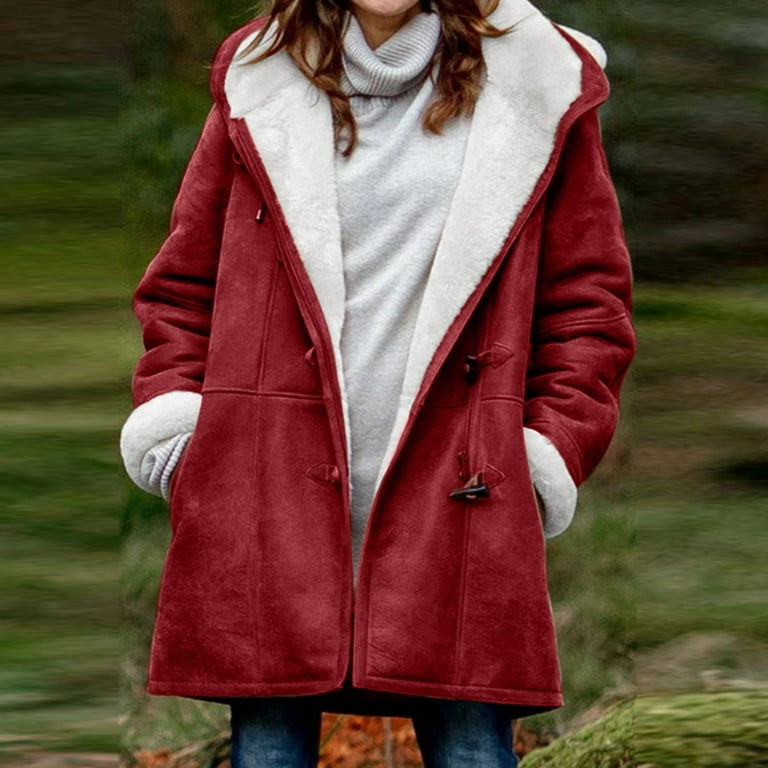 Homchy Coat Women Winter Plus Size Solid Plus Velvet Coat Long Sleeve Horn  Buckle Pocket Overcoat 