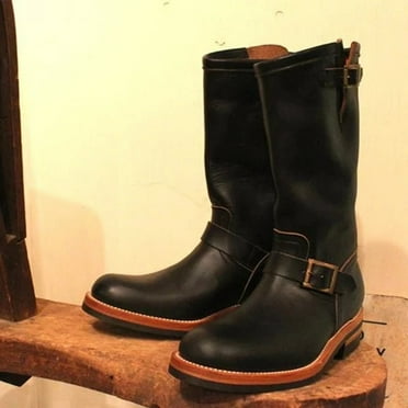 Homchy Half Boots Men Leather Round Head Middle Top Cowhide Cowboy Boots Flat Bottomed Boots