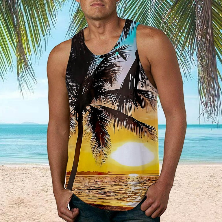 Homchy Men Hawaiian Style Beach Sports Tank Top Men Gym Print Vest