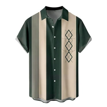 Homchy Mens Shirts Men's Vintage Bowling Shirt Short Sleeve Button Down Hawaiian Summer Beach Printed Casual Shirts Gifts for Men Green Polyester 3X