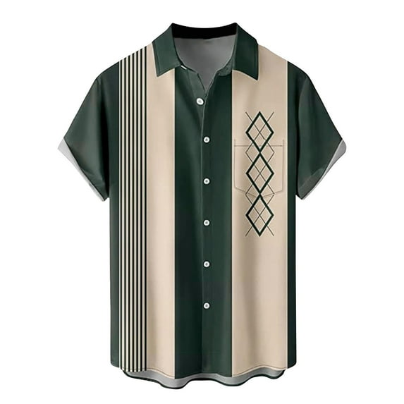 Homchy Mens Shirts Men's Vintage Bowling Shirt Short Sleeve Button Down Hawaiian Summer Beach Printed Casual Shirts Gifts for Men Green Polyester XL