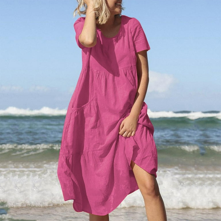 Women's Cotton Linen Dress Short Sleeve Round Neck Beach Summer