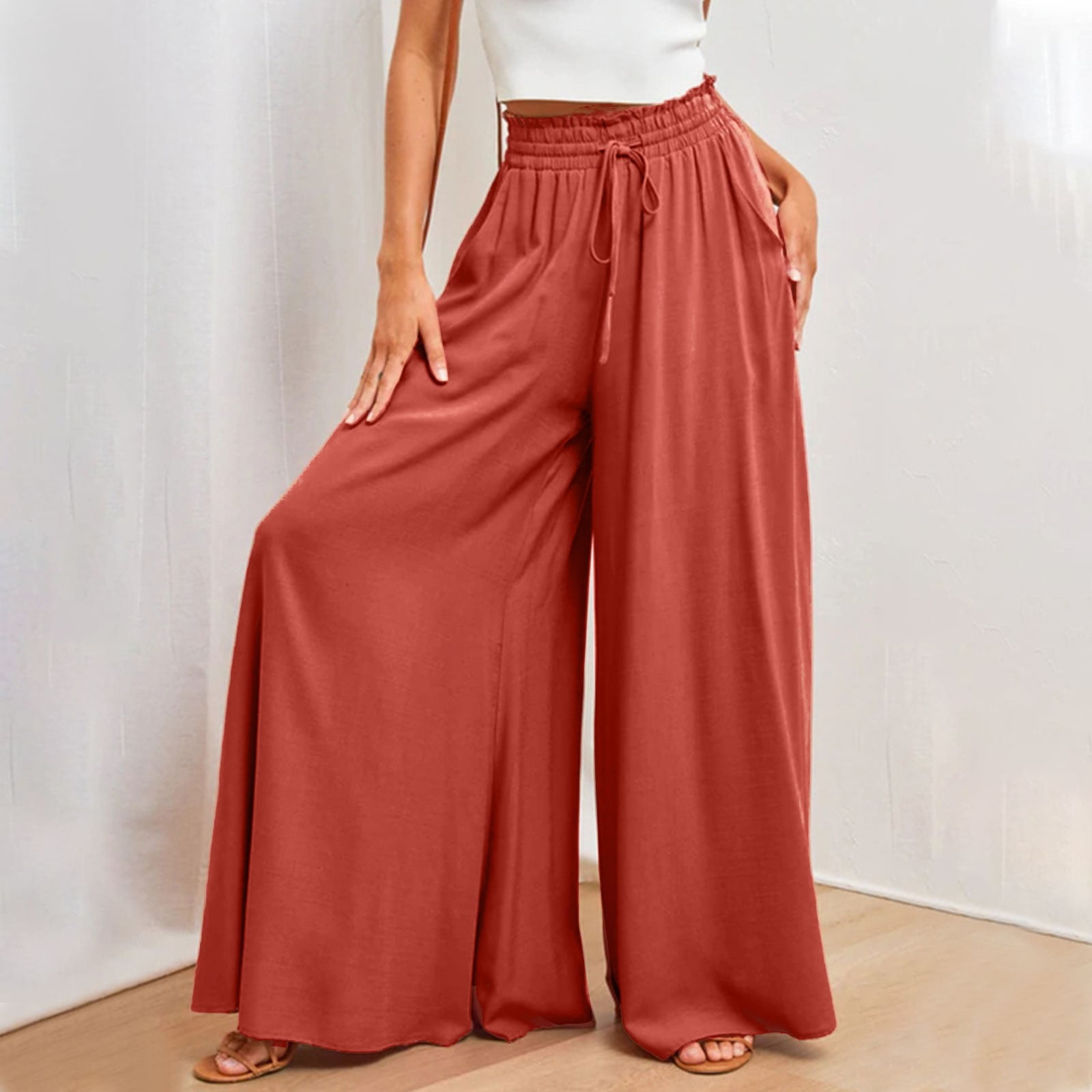 Trousers Women Homchy Elastic Color Solid Belt Wide Waist High Leg Culottes Long