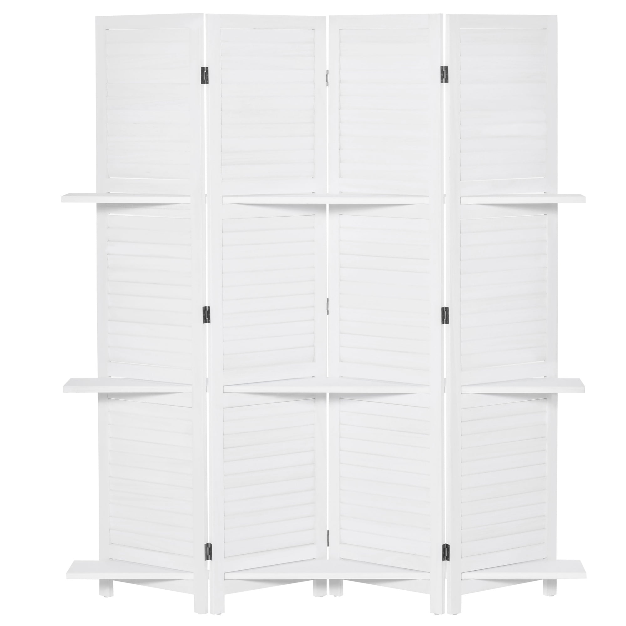 67" White Wood Privacy Screen Room Divider – 4-Panel Folding Partition with 3 Shelves for Bedroom, Home Office & Living Room