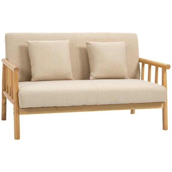 48.5" Beige Loveseat Sofa for Small Spaces - Modern 2-Seater Couch with Wood Legs & Throw Pillows Five
