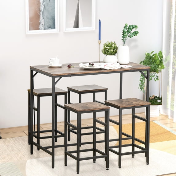 Homcom 5-Piece Industrial Dining Room Table Set with 4 Chairs, Space Saving, Black/Brown