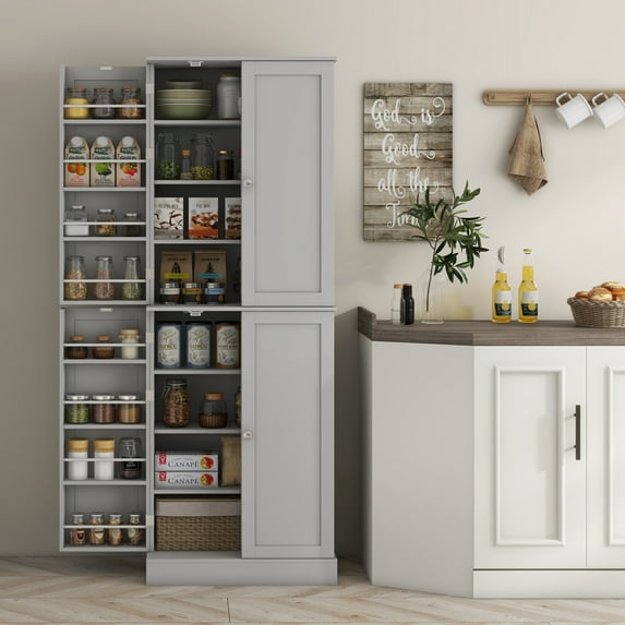 65" Gray Kitchen Pantry Cabinet with Adjustable Shelves - Freestanding Storage Cupboard for Dining Room & Kitchen Five