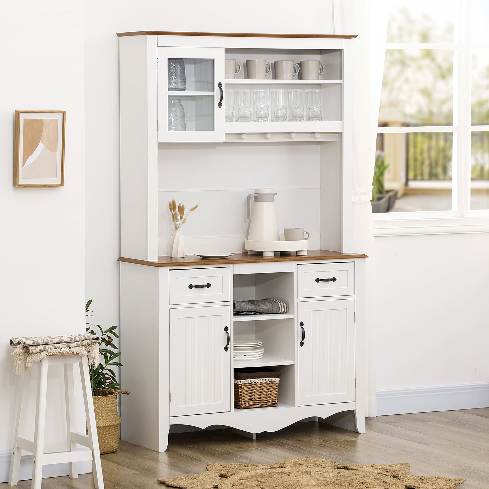 Homcom 71 Kitchen Storage Hutch Cupboard Microwave Stand w 3 Shelves White Wooden