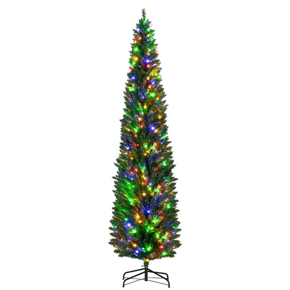 Homcom 8Ft Tall Pencil Prelit Artificial Christmas Tree Holiday Décor with 668 Branches,250 Colorful Led Lights,Steel Base,Green,Green Plastic Household Supplies Décor Christmas Trees