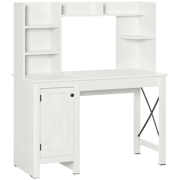Homcom Farmhouse Computer Desk with Hutch and Cabinet, Home Office Desk with Storage, White