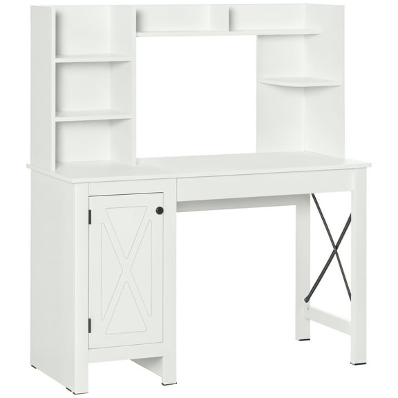 Homcom Farmhouse Computer Desk with Hutch and Cabinet, Home Office Desk with Storage, White