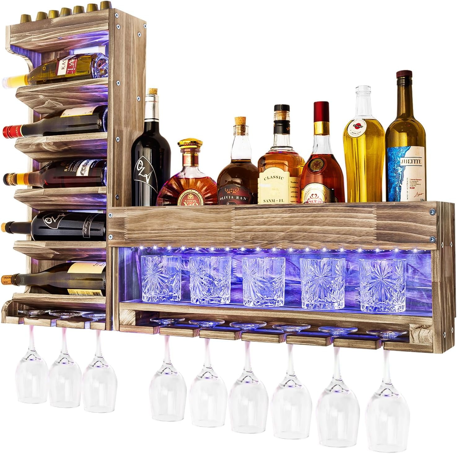 Dextrus LED Light Liquor Bottle Display Shelf 2 Tier 24 inch Bar Shelves for Liquor Bottles Wall Mounted Acrylic Liquor Shelf with Wine Holder Slots Remote App Control for Home Commercial Bar